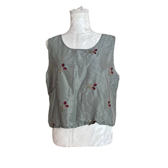 Vintage Sage Red Rose Embroidery Silk Shirt Womens Sz Medium Fall Fairy Feminine - Picture 1 of 16